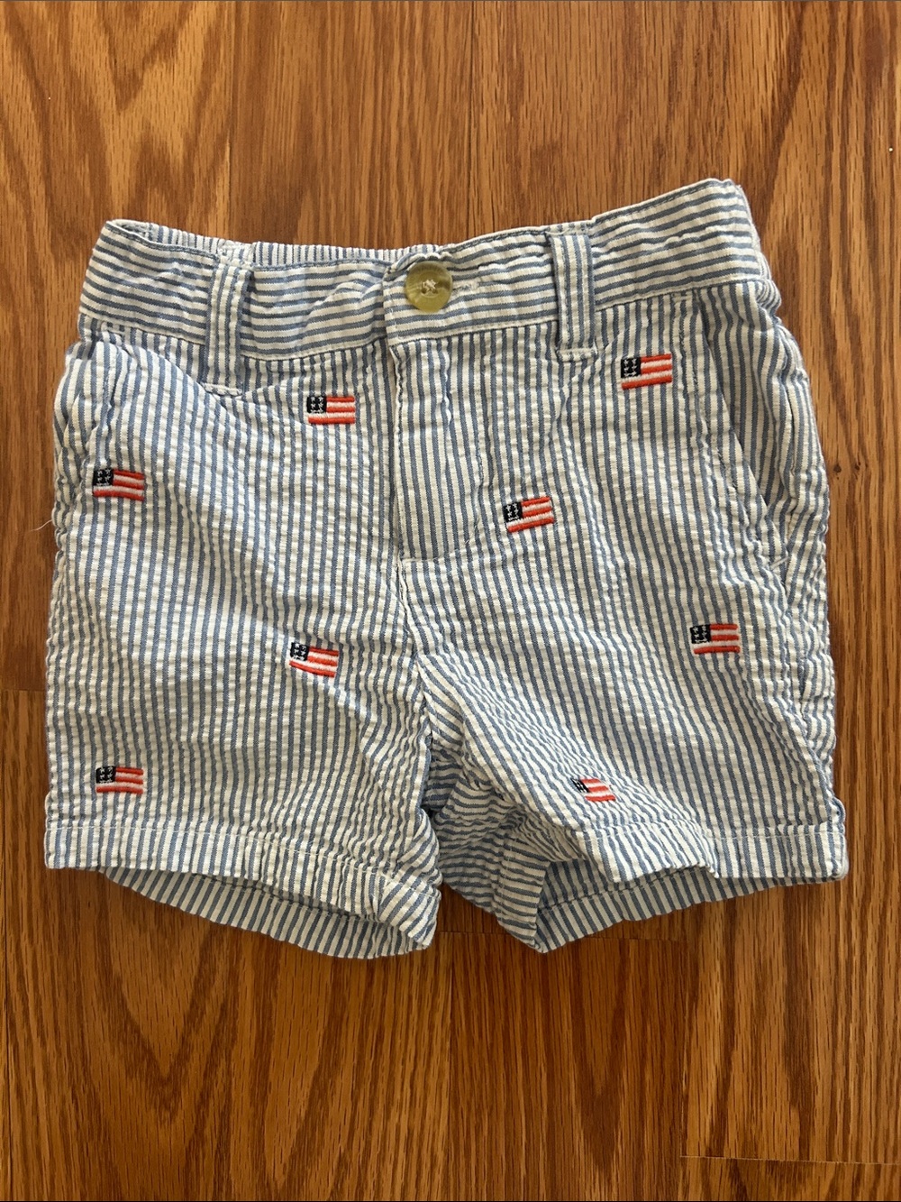 Janie and Jack Blue and White Striped Seersucker Shorts with Flag Embroidery